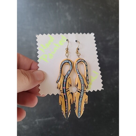 Painted Wooden Dangling Salamander Earrings Vintage Costume Jewelry NOS - Picture 1 of 10